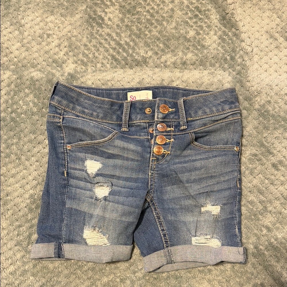 Distressed Denim Shorts with Button Fly
